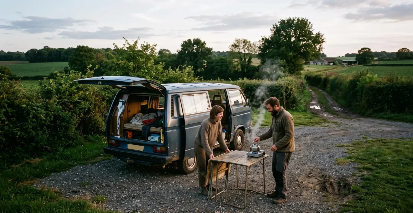 A couple prepares a hot drink beside their campervan at a countryside stop.