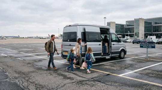 A family loads their luggage into a campervan parked at an airport rental area.