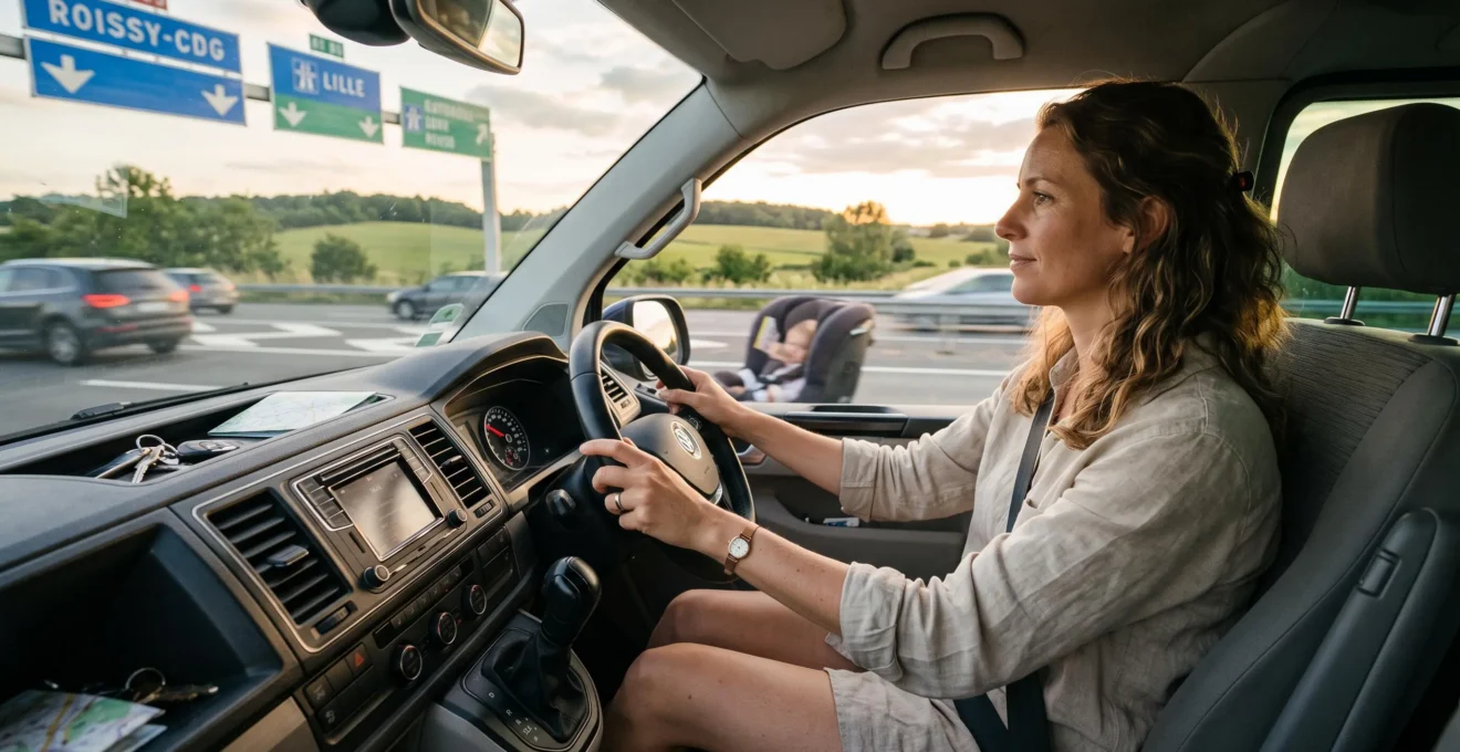 A woman drives a campervan on a motorway shortly after leaving the airport.